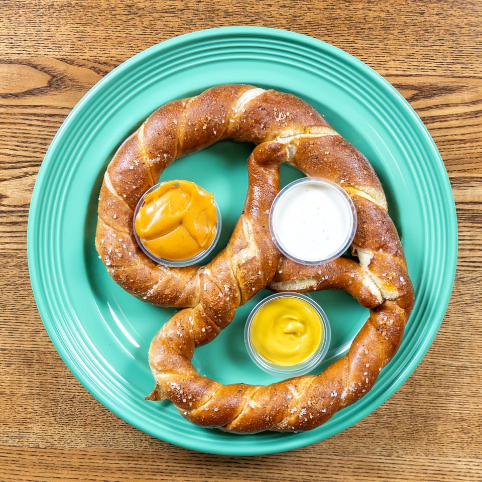 A large, salted pretzel on a teal plate, served with three dipping sauces: cheese, ranch, and mustard.